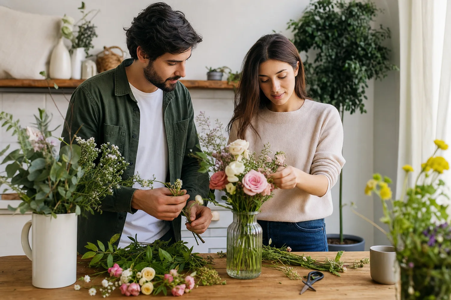 Beginner Flower Arranging date-night setting.
