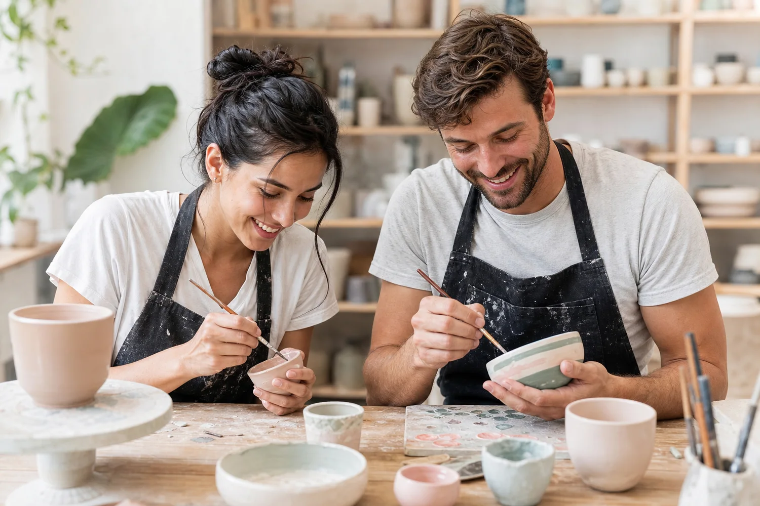 Beginner Pottery Painting date-night setting.