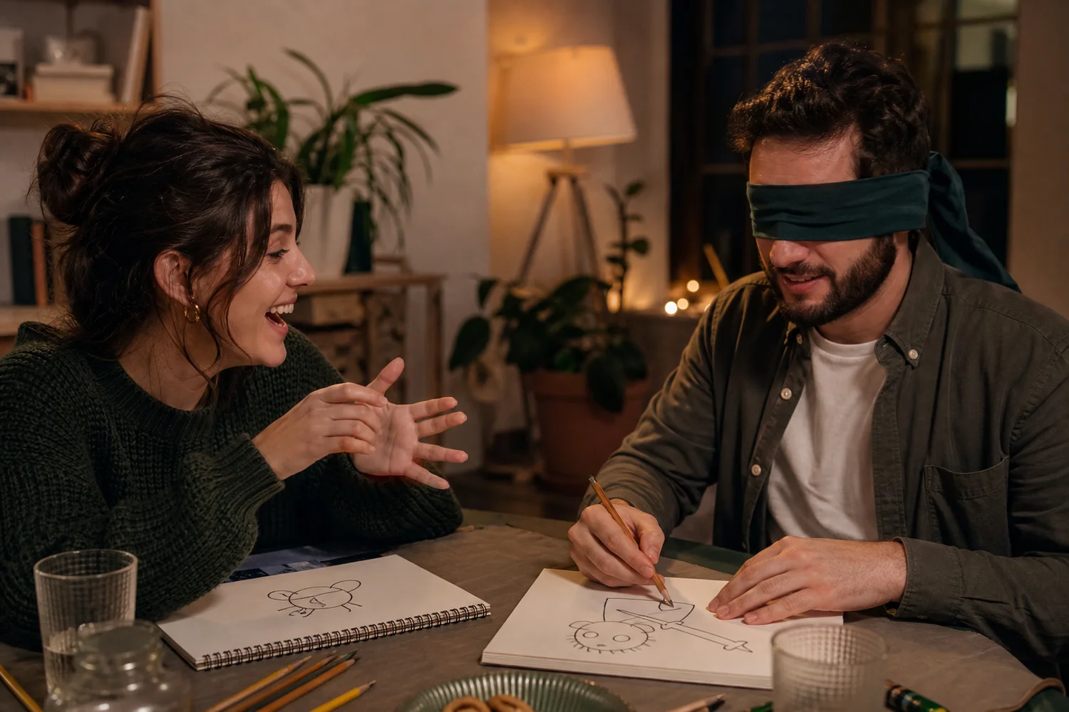 Blind Drawing Duel date-night setting.