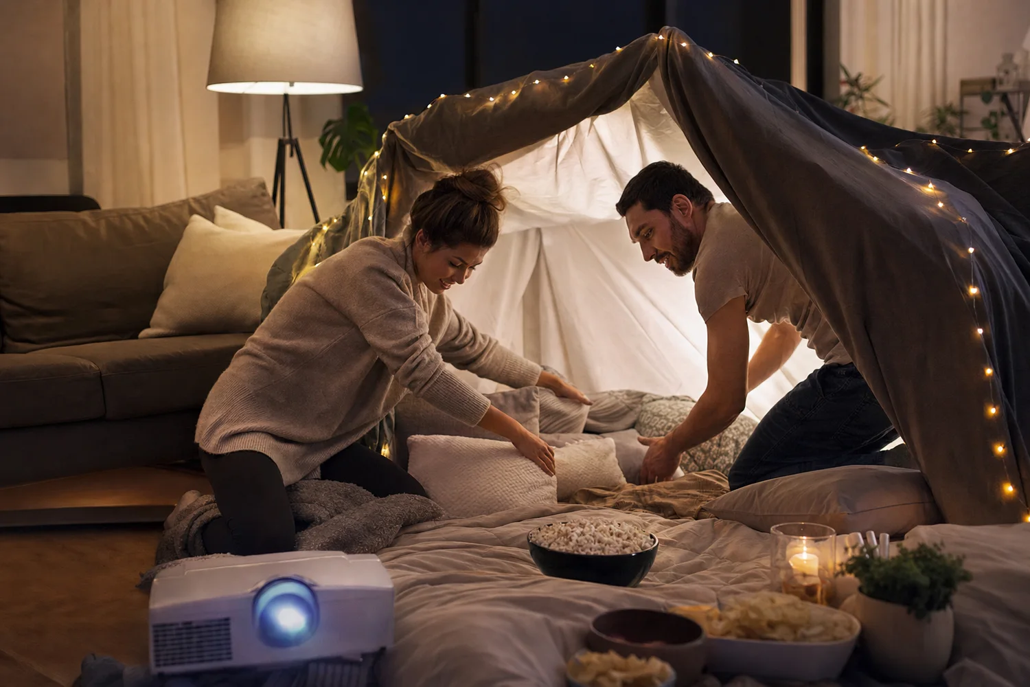 Build a Blanket Cinema date-night setting.