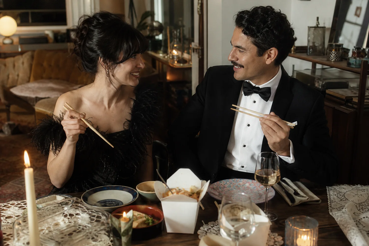 Dress-Up Takeout Night date-night setting.