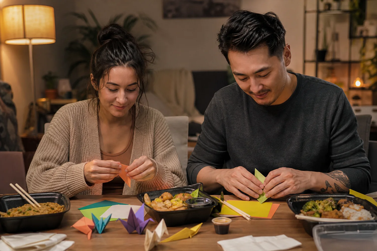 Origami and Takeout date-night setting.