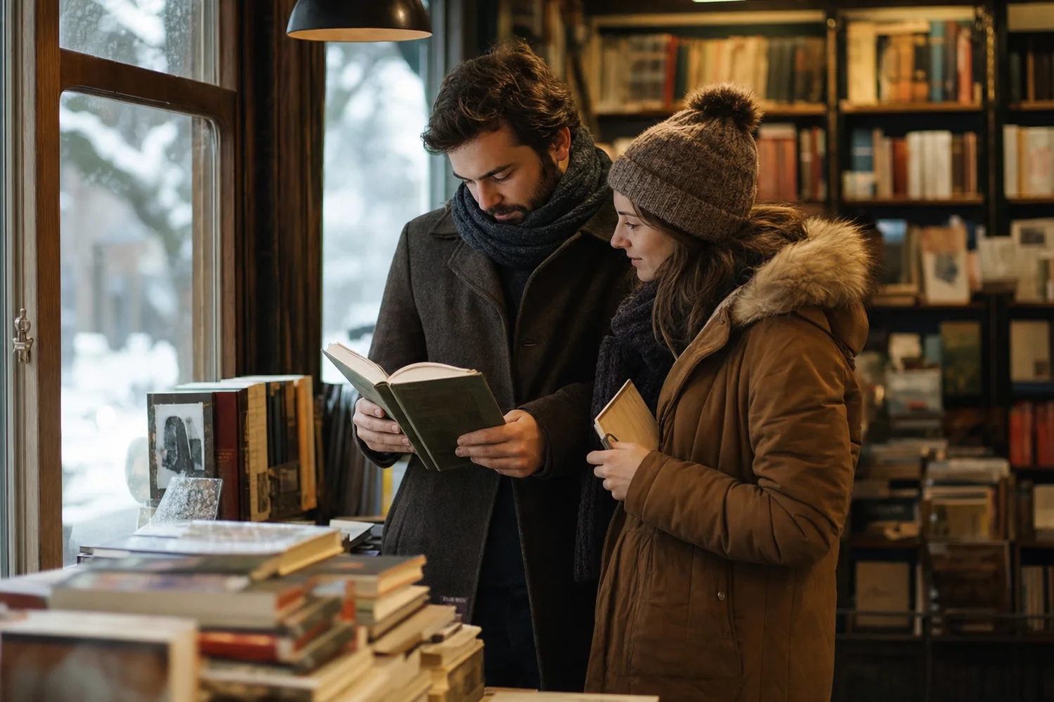 Winter Bookshop Refuge date-night setting.